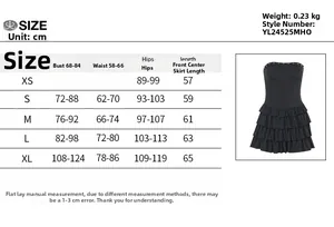Detaillierte Größentabelle für rückenfreies trägerloses Stufen-Minikleid mit Maßen