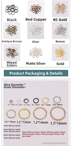Size chart for iron jump rings in various diameters from 3mm to 16mm for DIY jewelry making