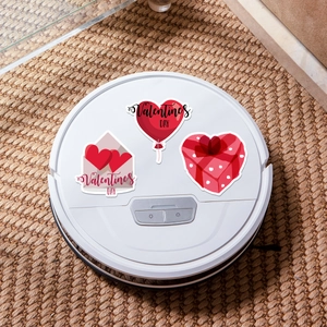 Waterproof Valentine's Day heart stickers showing balloons and envelopes on a robot vacuum