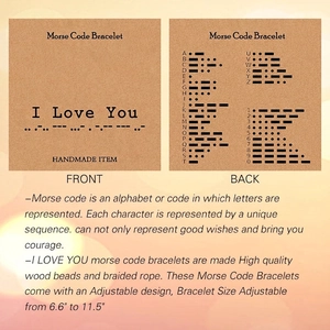 Adjustable Morse Code bracelet on I Love You card with wood beads and woven cord