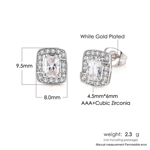 Detailed view of silver-plated square cubic zirconia stud earrings with dimensions 9.5mm by 8.0mm