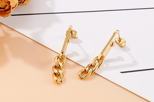Macro shot of gold chain stud earrings on minimalist bicolor background with a dried flower