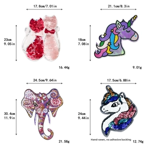 Detailed size chart for large sequin embroidery patches including cats and unicorns