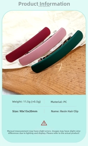 Macro detail of rectangle matte PC hair clips showing precise dimensions 90x15x20mm