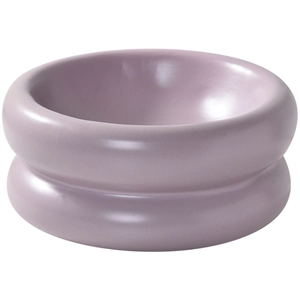 Purple donut-shaped ceramic cat bowl with raised neck protection design and glossy finish