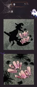 Detailed view of Halloween coffin nails with pink flame, spider web and skull motifs