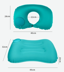 Detailed size dimensions for inflatable blue U-shaped neck pillow and rectangle travel pillow