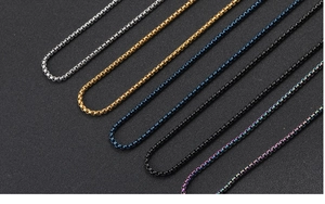 Detail of stainless steel box chains in silver, gold, blue, black and rainbow colors