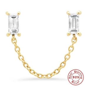 S925 sterling silver geometric chain earrings with baguette-cut crystal in gold finish