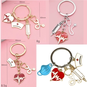 Medical Theme Keychain Alloy Enamel Stethoscope Syringe Nurse Hat Heart Pendant For Doctors Nurses Graduation Gift Bag Decor