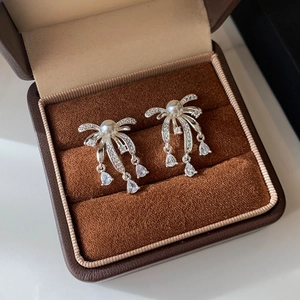Bowknot Artificial Pearl Zircon Waterdrop Tassel Dangle Earrings For Women With Silver Earring Post Copper Base Elegant Fashion