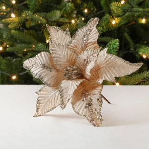 Fleur de poinsettia artificielle or champagne scintillante pour décor de sapin de Noël