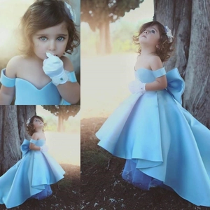 Robe De Princesse Fille Satin Épaules Dénudées Ourlet Haut Bas Grand Nœud Mariage Fête Formelle