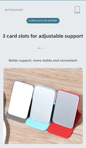 Detail of portable folding mirrors with 3-position adjustable slots in gray blue and red