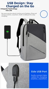 Detail view of the USB charging port and integrated cable on a grey business backpack