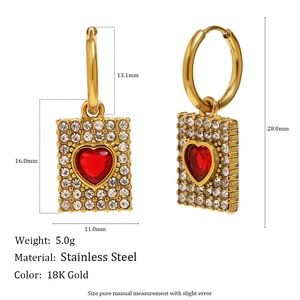 18K gold plated stainless steel rectangle earrings with pavé diamonds and red heart gem