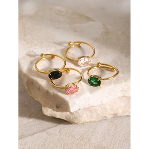 18k gold plated adjustable stainless steel rings with colorful oval zircon gemstones
