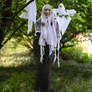 Hanging Halloween skeleton ghost with tattered fabric and bloody makeup for outdoor decor