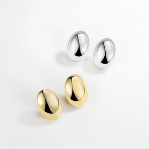Minimalist S925 sterling silver oval stud earrings in gold and silver polished finishes