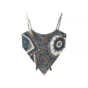 Detail of bohemian paisley print strapless top with asymmetrical scarf hem design