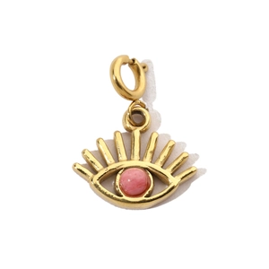 Detailed view of evil eye pendant with pink stone in gold stainless steel frame