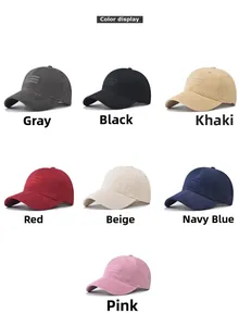 Grid display of cotton baseball caps in seven colors with parallel wave embroidery