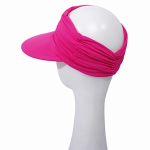 Detail of rose pink sun visor hat with elastic pleated headband and wide brim