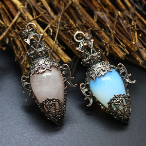 Vintage Pendulum Pendant Necklace Natural Gemstone Hollow Copper Cage Crown Teardrop Mystical Gothic Jewelry For Women