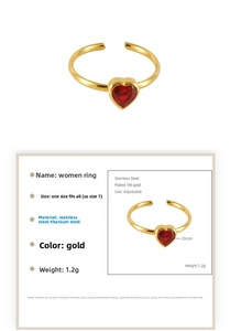 Detail of adjustable gold ring with red heart zircon and 1.2g weight specification