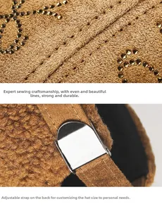 Close-up of winter plush baseball cap featuring rhinestone bow and adjustable metal buckle