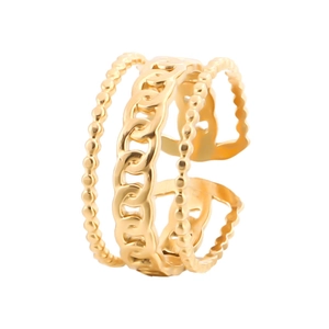 Minimalist adjustable gold chain and bead layered open ring for women in stainless steel