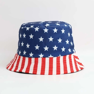 Detailed close-up showing the American flag pattern and fabric texture of this bucket hat