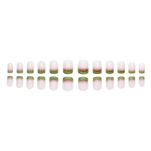 Short square press-on nails with red gradient and green French tips, 24 piece set
