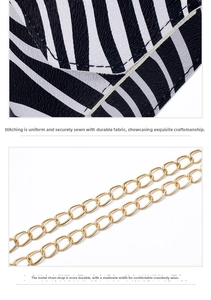 Close-up of zebra print fabric stitching and gold chain strap detail on handbag