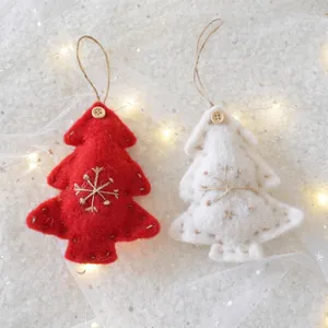 Handmade wool felt Christmas tree ornaments with wooden buttons and rustic twine set