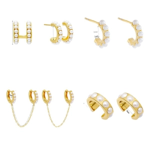 Elegant 18K gold plated pearl earring set featuring studs, hoops and tassel designs