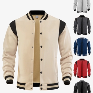 Men Varsity Jacket Contrast Patchwork Stand Collar Snap Button Casual Sports Baseball Outerwear Polyester Elastane Blend