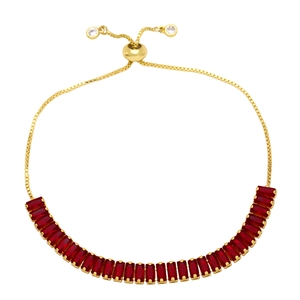 Adjustable gold chain bracelet with emerald-cut red zircon stones and slider clasp