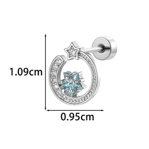 Star and moon stud earring with blue zircon stone, 1.09cm height, silver plating