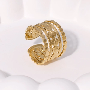 Retro hollow gold stainless steel wide band open ring with vintage floral patterns