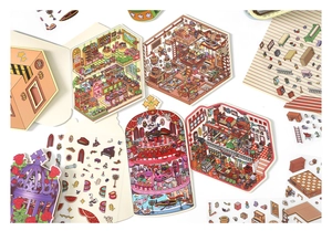 Detailed view of colorful cartoon indoor scene stickers and decorative scrapbook materials