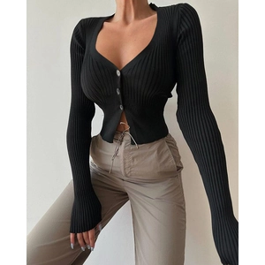 Women Slim Fit Ribbed Knit Cardigan Sexy Deep V Neck Long Sleeve Solid Color Polyester Short Sweater Top Autumn Fashion