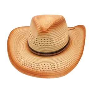 Détails tissés d'un chapeau de paille de style western dégradé avec texture ajourée aérée