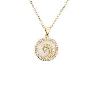 Zircon shell pendant necklace featuring gold moon and star motifs on white background