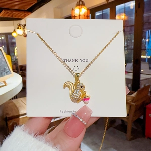 Cute Squirrel Pendant Necklace Titanium Steel Gold Plated With Zircon Animal Charm Jewelry For Women
