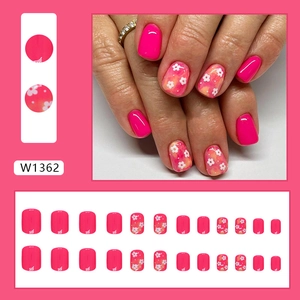 French floral press-on nails set with magenta and orange-pink gradient flower designs