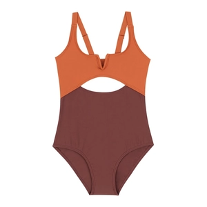 Girls' one-piece swimsuit in terracotta and burgundy color block with waist cutout design