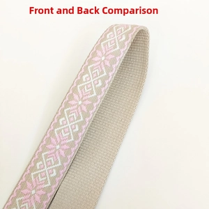Close-up comparison showing front and back textures of floral jacquard bag strap