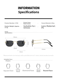 Detailed size chart and specifications for oval metal fashion sunglasses with UV400 lenses