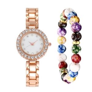 Luxury rose gold women's watch and marble bead bracelet set with sparkling rhinestones